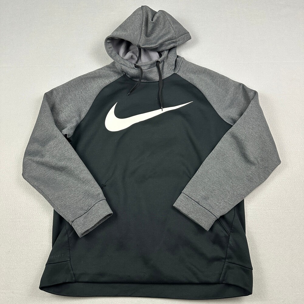 Nike Hoodie Men Large Black Gray Big Swoosh Therma Sweatshirt Training L *